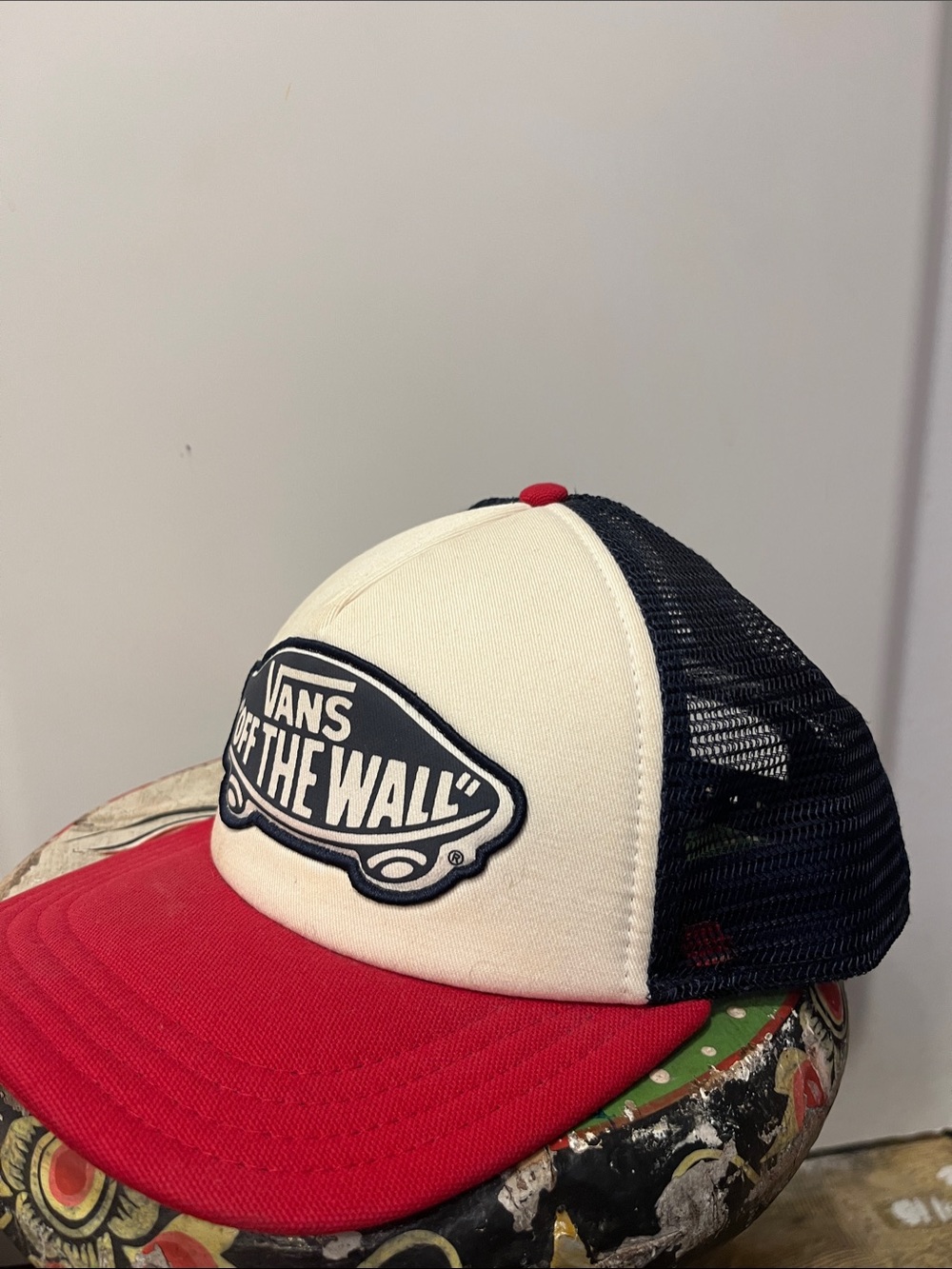 Red & White & Navy Vans off the wall Trucker hat skate surf bike